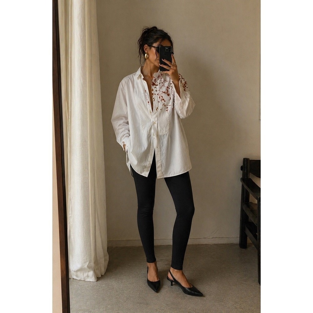 Vtg Stephen St Clair Hand Painted Tuxedo‎ Blouse White Bronze Artsy Avant Garde